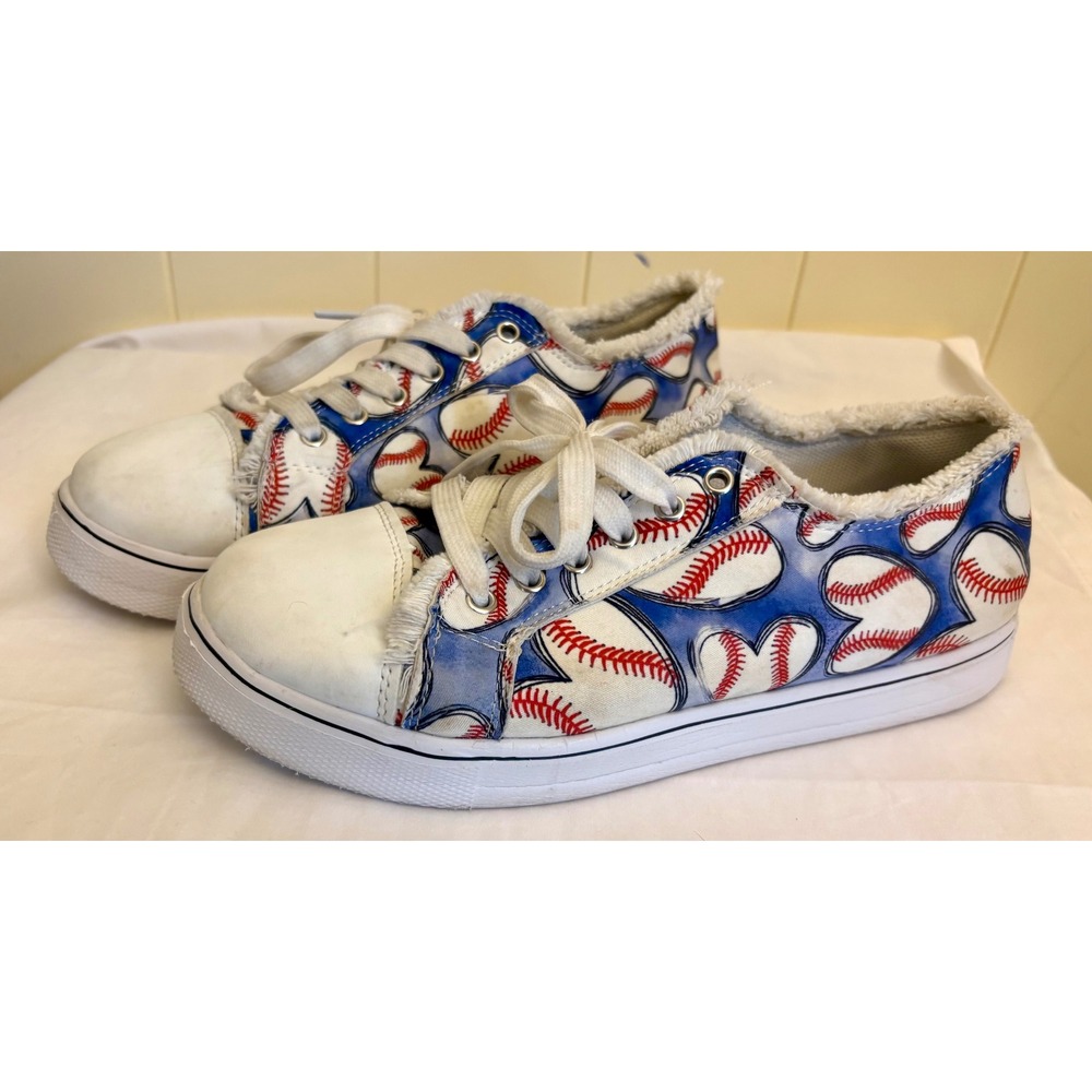 Baseball Heart Print Low Top Sneakers Blue White Red Frayed Trim Lace Up Shoes 8